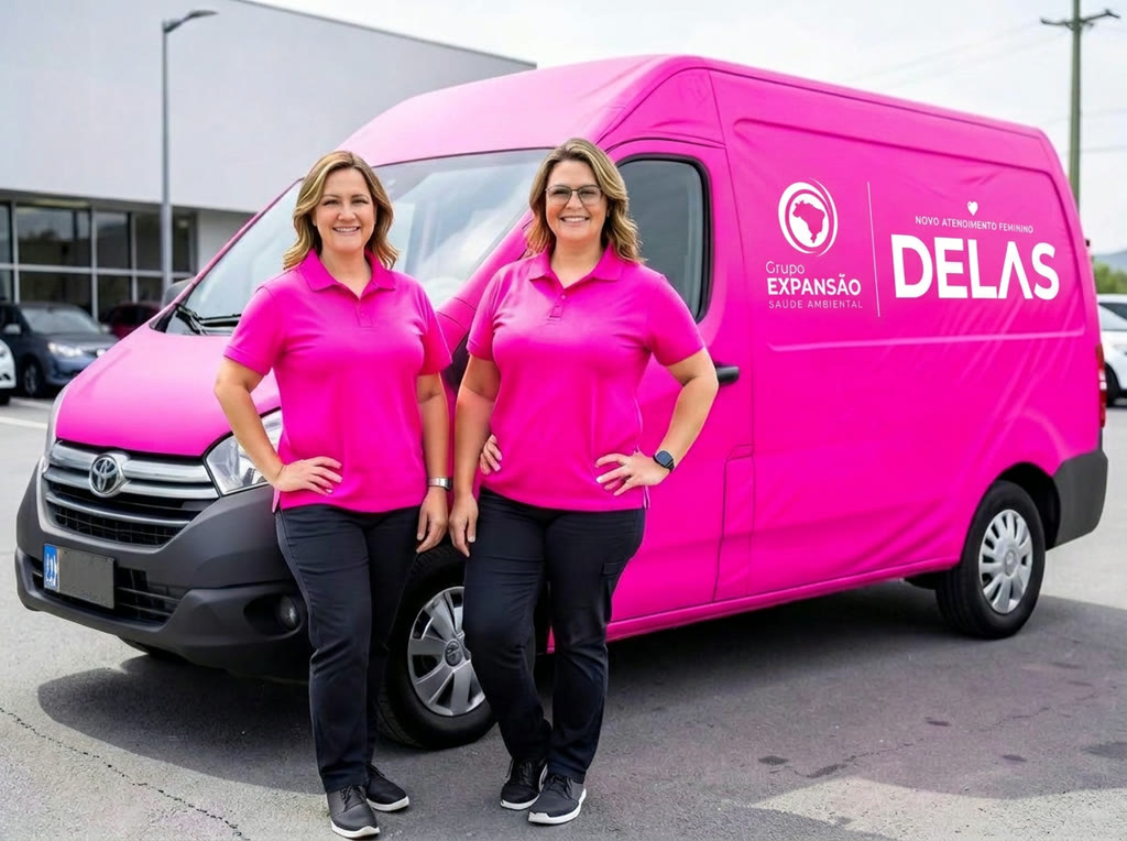 Veículo rosa do Expansão Delas com a identidade oficial completa aplicada na lateral