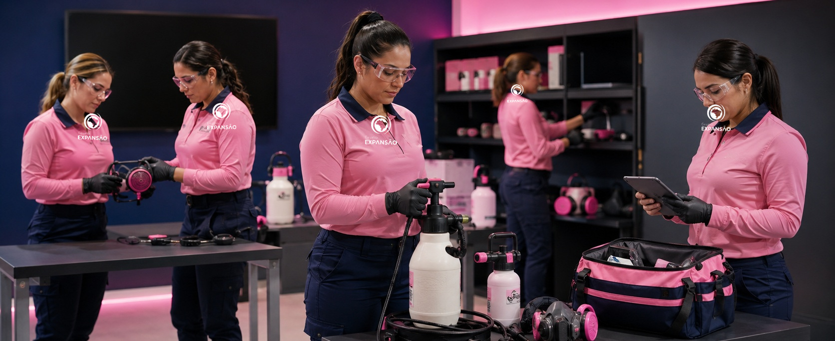 Equipe de técnicas mulheres do Expansão Delas com uniforme rosa e logo do Grupo Expansão, em campo com EPI completo