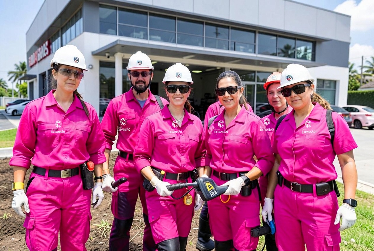 Equipe de técnicas mulheres do Expansão Delas com uniforme rosa e logo do Grupo Expansão, em campo com EPI completo